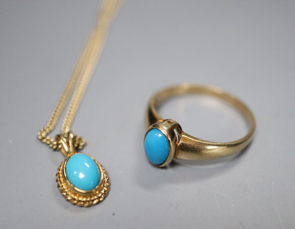 A cabochon turquoise-set oval pendant on 9ct gold fine chain and a similarly-set 9ct gold ring, gross 5.4 grams.